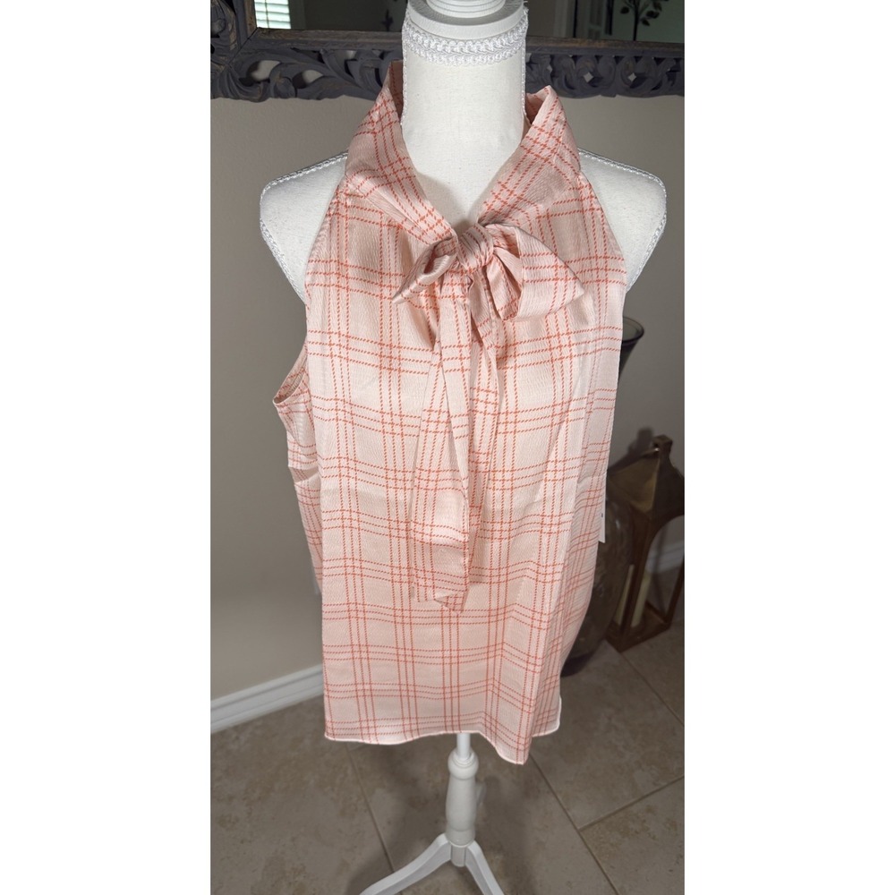 Calvin Klein XL Sleeveless Tie Neck Blouse Peach Coral Plaid Windowpane NWT